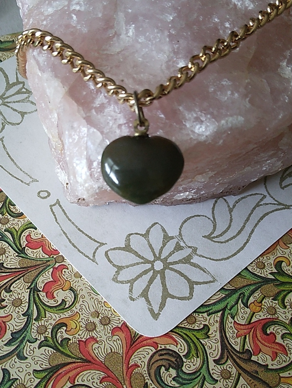 Vintage Jade Heart Pendant on Gold Chain Necklace